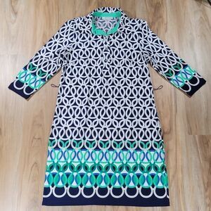 🔹️Sandra Darren Blue & White Geometric 3/4 Sleeve Dress Size 6